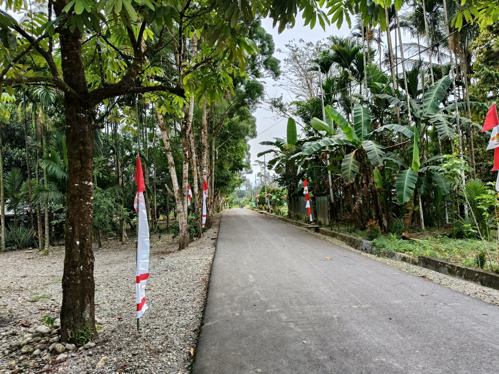 Jalan masuk menuju Kampung Karya Kencana yang telah  bersih dan dipasang umbul-umbul 