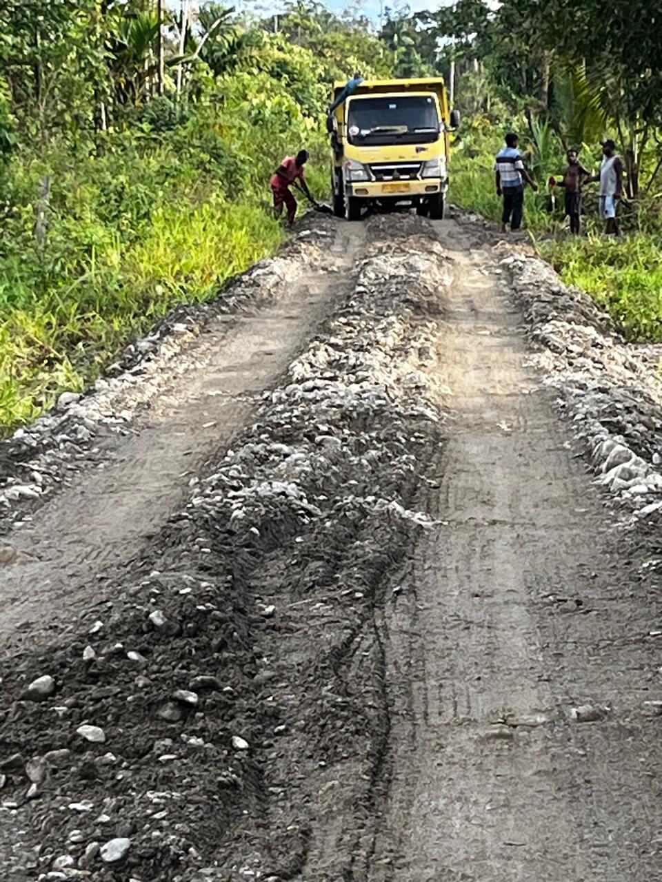 Truk pengangkut material saat menumpahkan materialnya pada jalan yang akan ditimbun